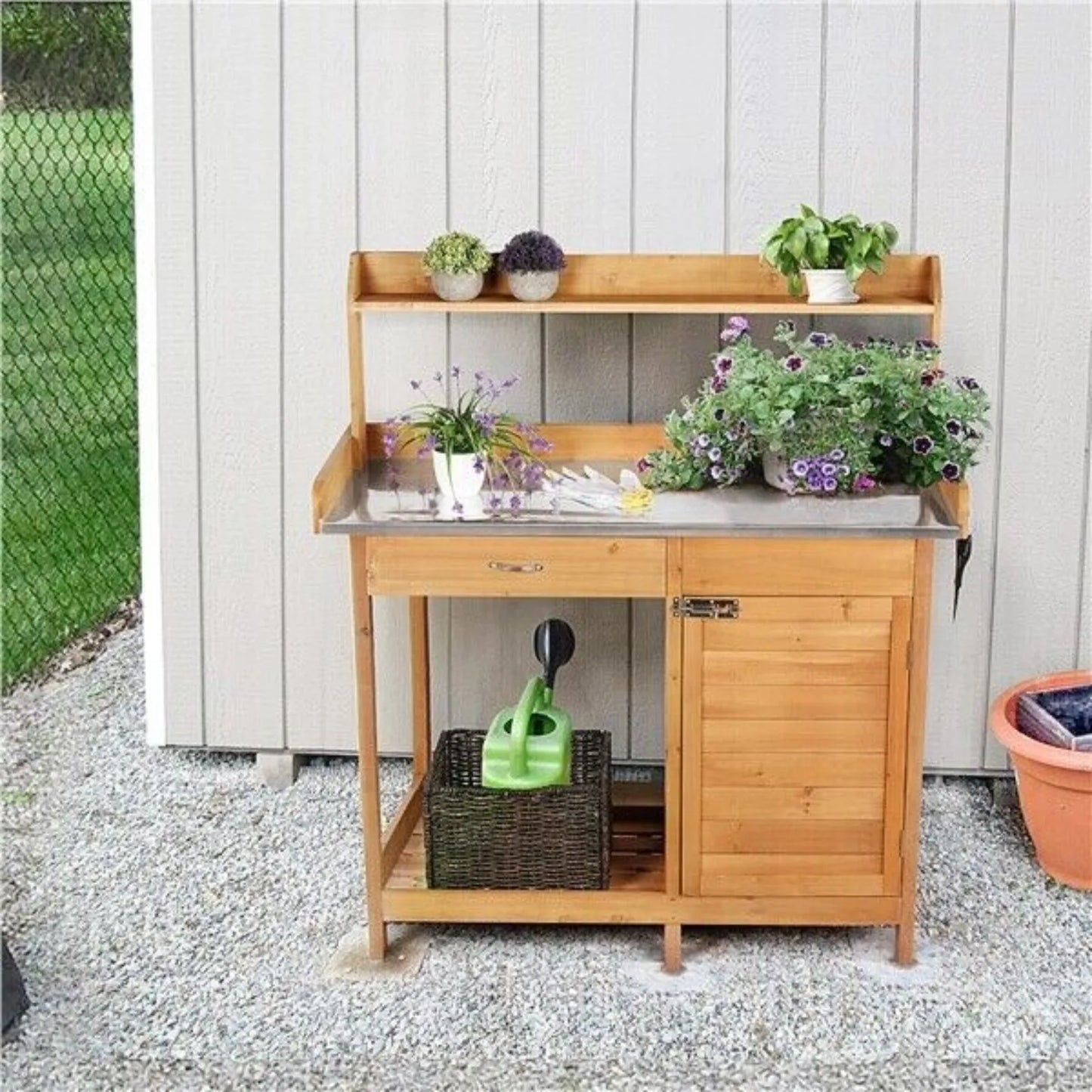 US Garden Potting Bench Table Outdoor Work Bench w/Cabinet Drawer Open Shelf Wooden