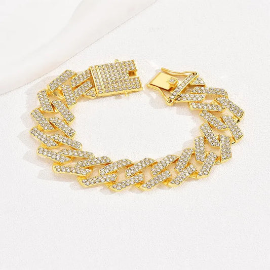 Hip Hop Miami Link Chain Gold Bracelet Clear Crystal Stone Fold Over Closure Big Chain Bracelet For Men Personlity Accessory