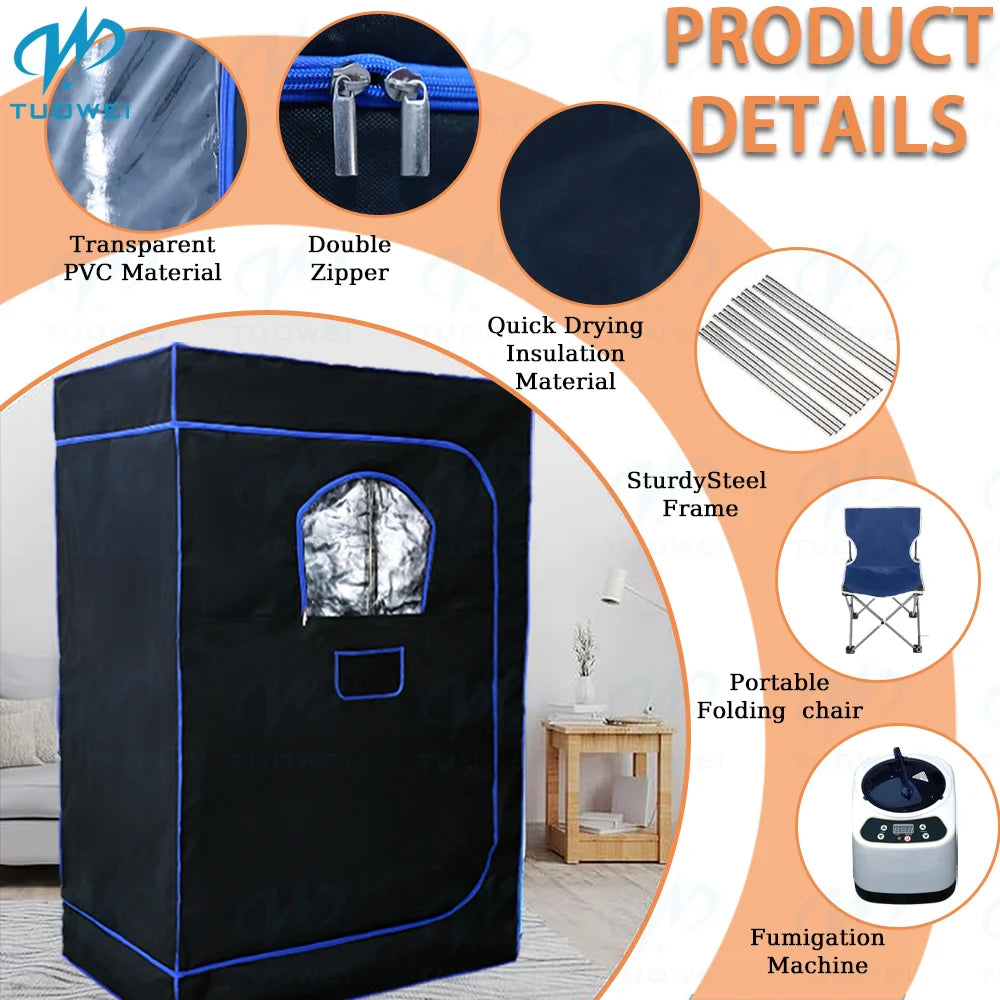 2 Person Portable Steam Sauna for Home, 1 or 2 Person Full Body Sauna Tent with 2 Foldable Chairs, Remote Control, Black