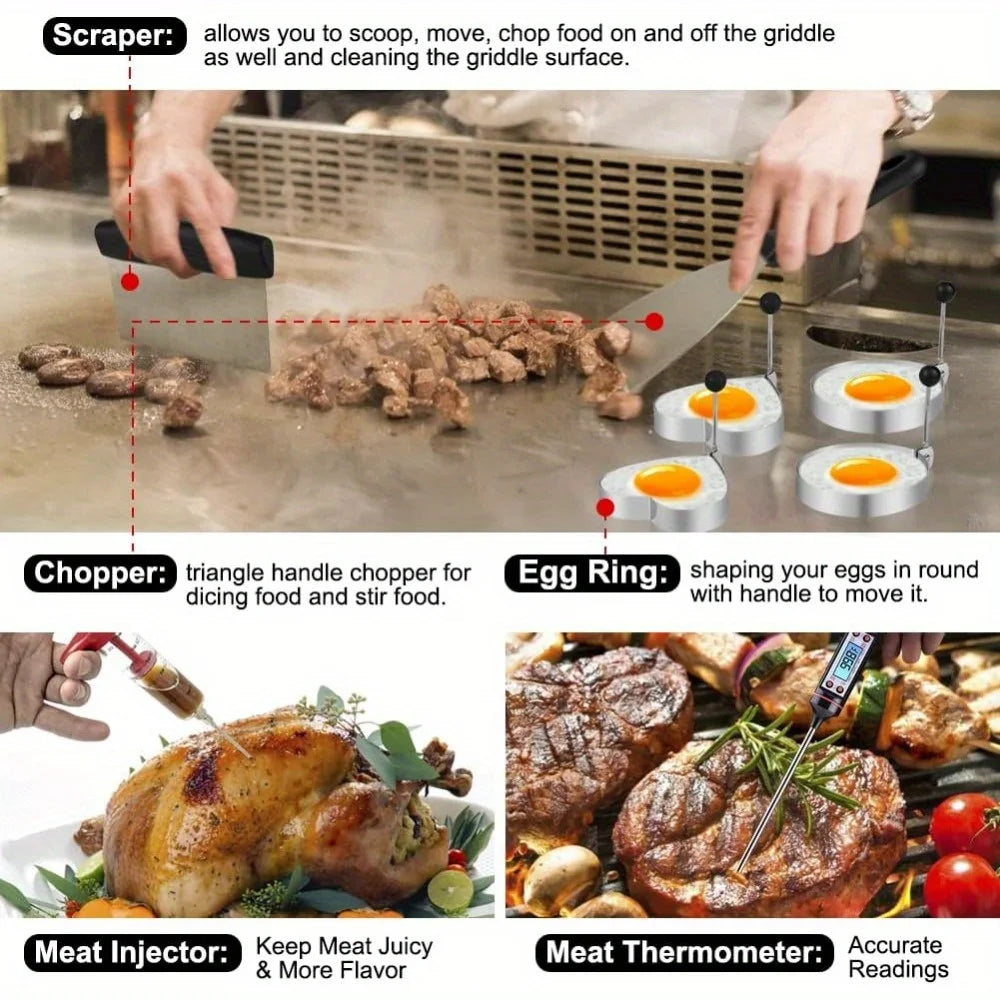 15 Pieces Stainless Steel BBQ Tools Set BBQ Spatula Teppanyaki Tools BBQ Combination Grilling Tools For Camping Patio Barbecue