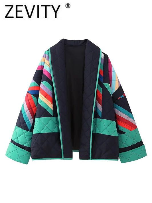 Zevity Women Vintage Color Matching Geometric Print Kimono Cotton Jacket Coat Femme Long Sleeve Casual Cardigan Chic Tops CT5540