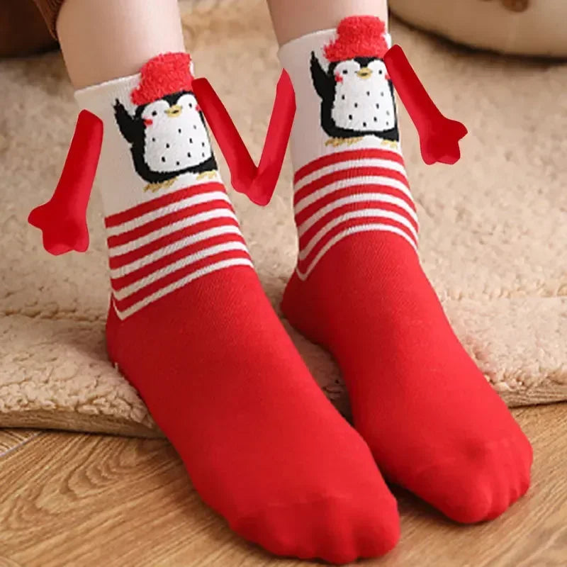 2024 New 1 Pair of Christmas Theme Magnetic Hand-holding Socks Unisex Hand-holding Long Girls Harajuku Cute Couple Cotton Socks