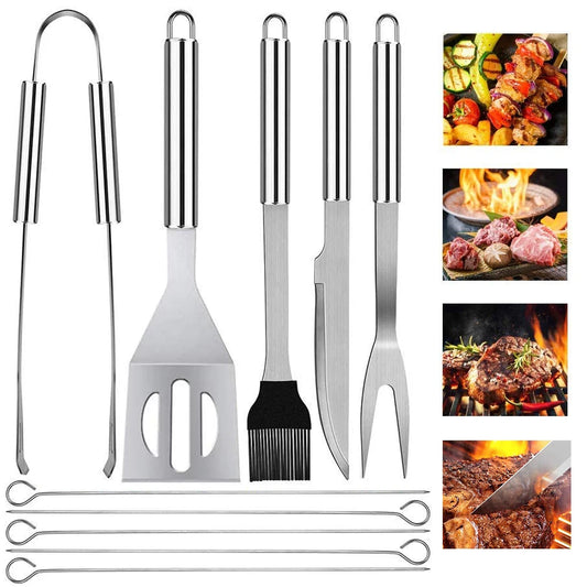 9 piece grilling set with stainless steel patio grilling tools, forks, shovels, brushes, grill spatula and other grilling tools