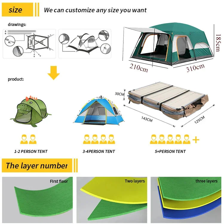 2 Rooms 1 Living Room Waterproof Extra Large Space 8 To 12 Persons Portable Family Outdoor Camping Tent