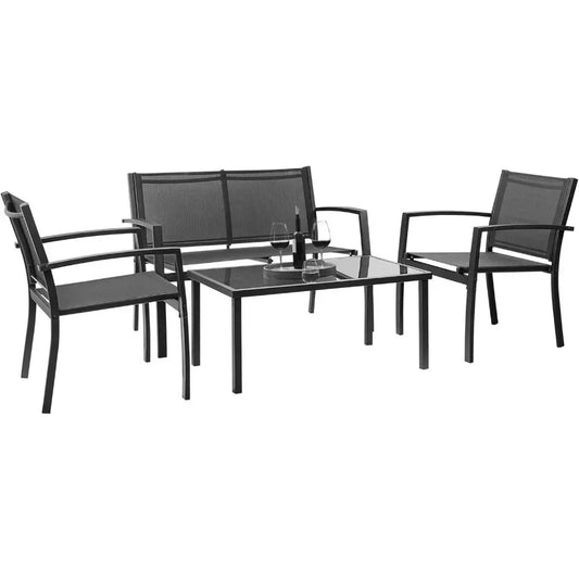 4 Pieces Patio Furniture Set Outdoor Garden Patio Conversation Sets Poolside Lawn Chairs with Glass Coffee Table Porch Furniture