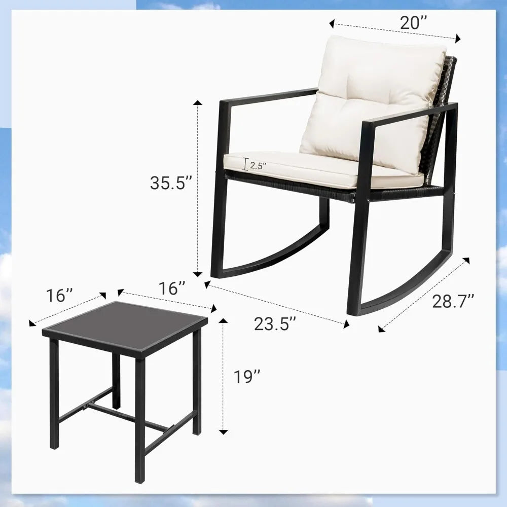 Wicker Rocking Chair Outdoor Bistro Sets with Coffee Table and Cushions Metal Frame Patio Furniture for Porch, Balcony