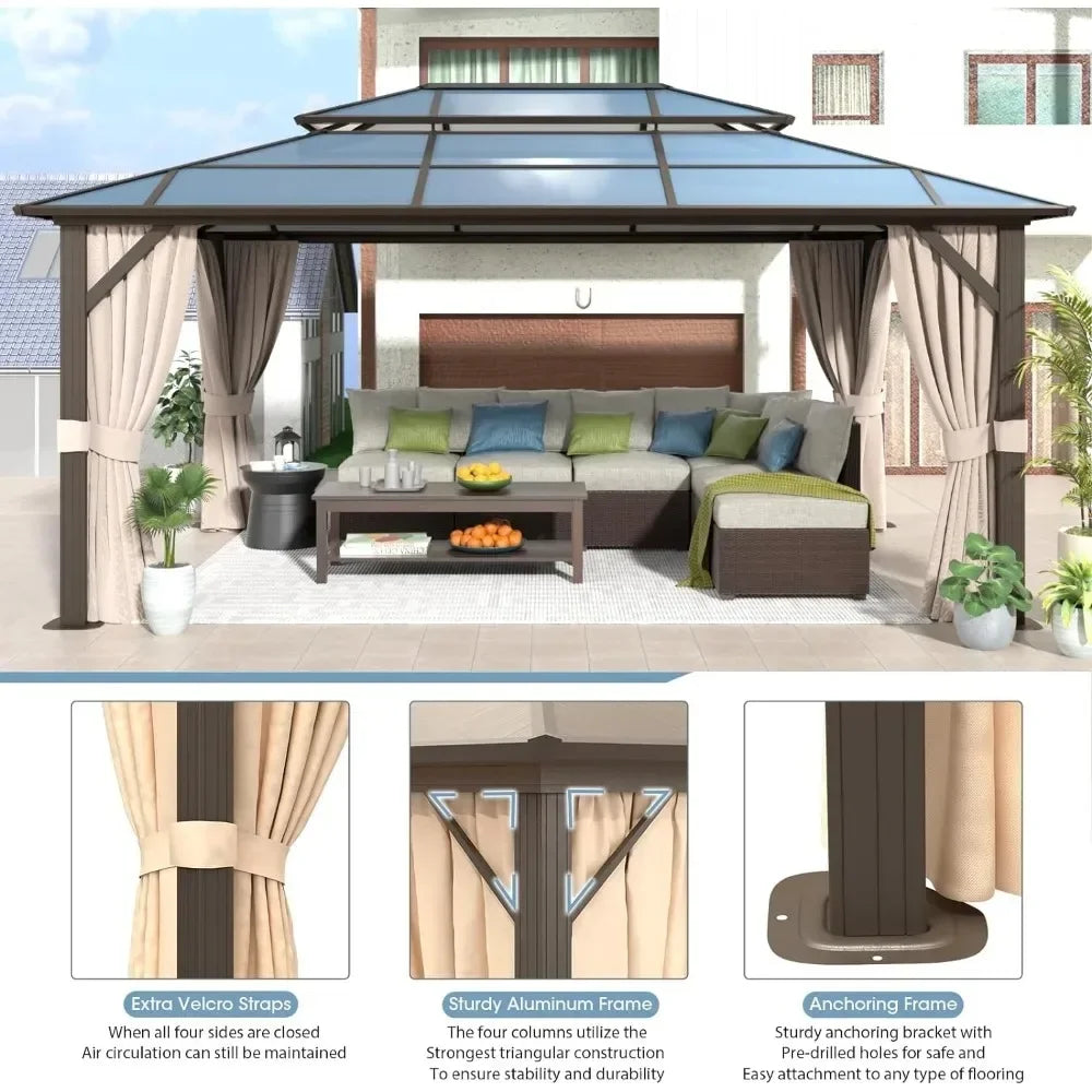 12'x16' Outdoor Gazebo, with Curtains and Netting, Outdoors Polycarbonate Double Roof Canopy, More Durable, Outdoor Gazebo