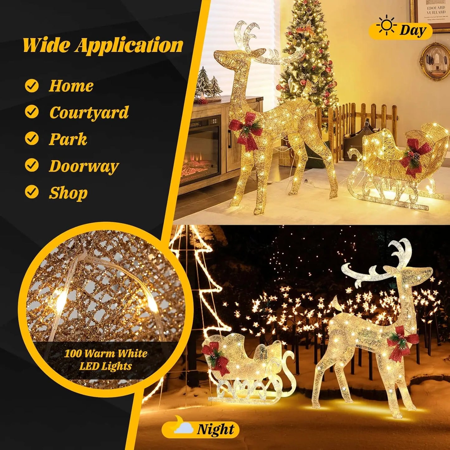 4.7 FT Lighted Christmas Reindeer & Sleigh, Xmas Lighted Outdoor Decoration with 100 Warm Lights, 8 Ground Stakes, 30 Cable Ties