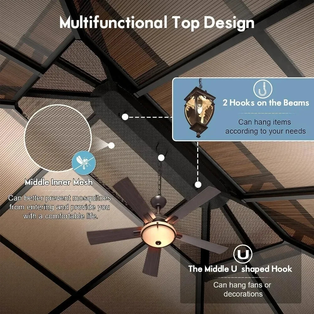 12'x16' Outdoor Gazebo, with Curtains and Netting, Outdoors Polycarbonate Double Roof Canopy, More Durable, Outdoor Gazebo