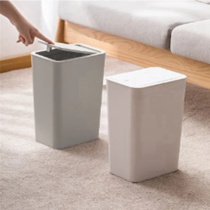 Household Square Trash Can Living Room Office Paper Basket Thickened with Lid Push-Type Plastic,Light Gray