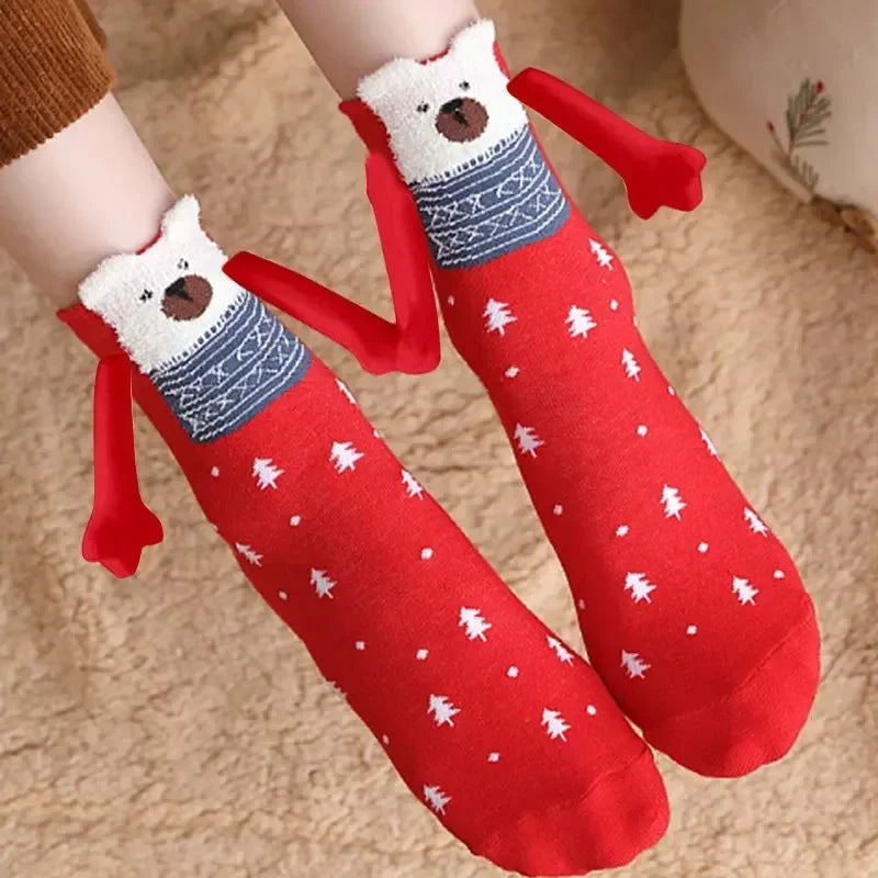 2024 New 1 Pair of Christmas Theme Magnetic Hand-holding Socks Unisex Hand-holding Long Girls Harajuku Cute Couple Cotton Socks