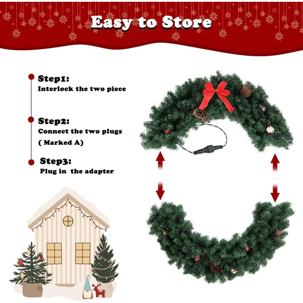 48 Inch Pre-lit Artificial Christmas Wreath, Ourdoor Christmas Wreath Decorations with 150 LED Lights