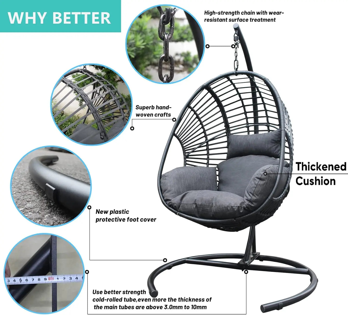 Hanging Egg Chair With Stand, Outdoor Wicker Rattan Egg Swing Chair With Stand And Cushion For Indoor Outdoor Bedroom