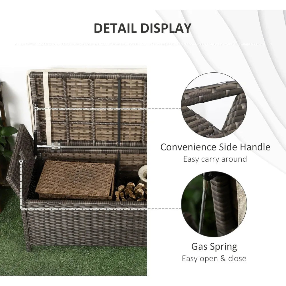 27 Gallon Patio Wicker Storage Bench, Outdoor PE Rattan Patio Furniture, 2-in-1 Large Capacity Rectangle Garden Storage Box