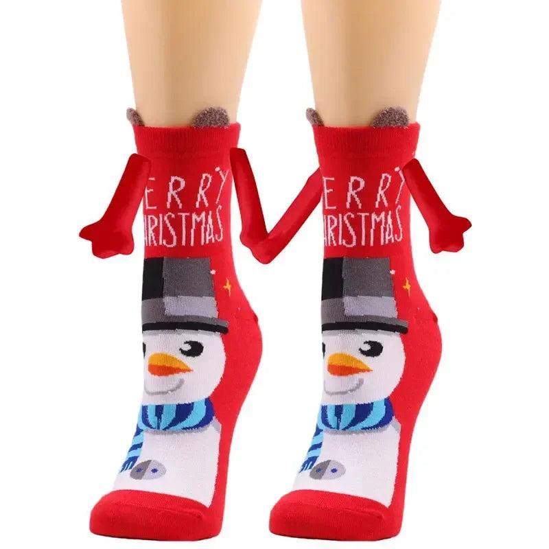 2024 New 1 Pair of Christmas Theme Magnetic Hand-holding Socks Unisex Hand-holding Long Girls Harajuku Cute Couple Cotton Socks