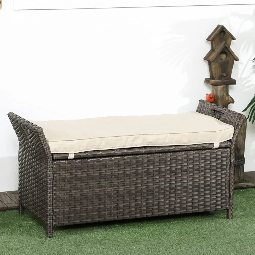 27 Gallon Patio Wicker Storage Bench, Outdoor PE Rattan Patio Furniture, 2-in-1 Large Capacity Rectangle Garden Storage Box