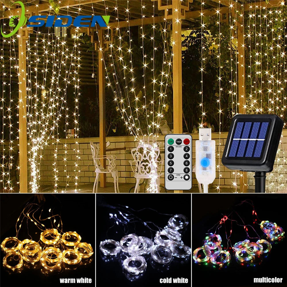 Solar Curtain String Lights 3M USB Power Fairy Lights 8 Mode Holiday Garland Lamp Outdoor Yard Christmas Decor String Lights