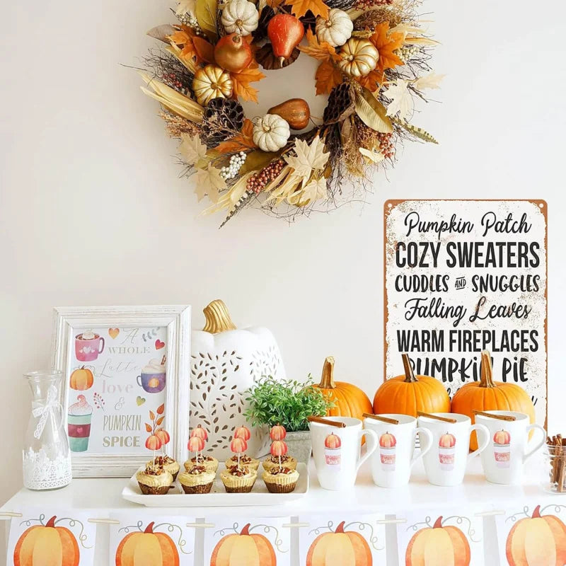 Thanksgiving Vintage Look Metal Sign - Pumpkin Patch Cozy Sweaters Falling Leaves