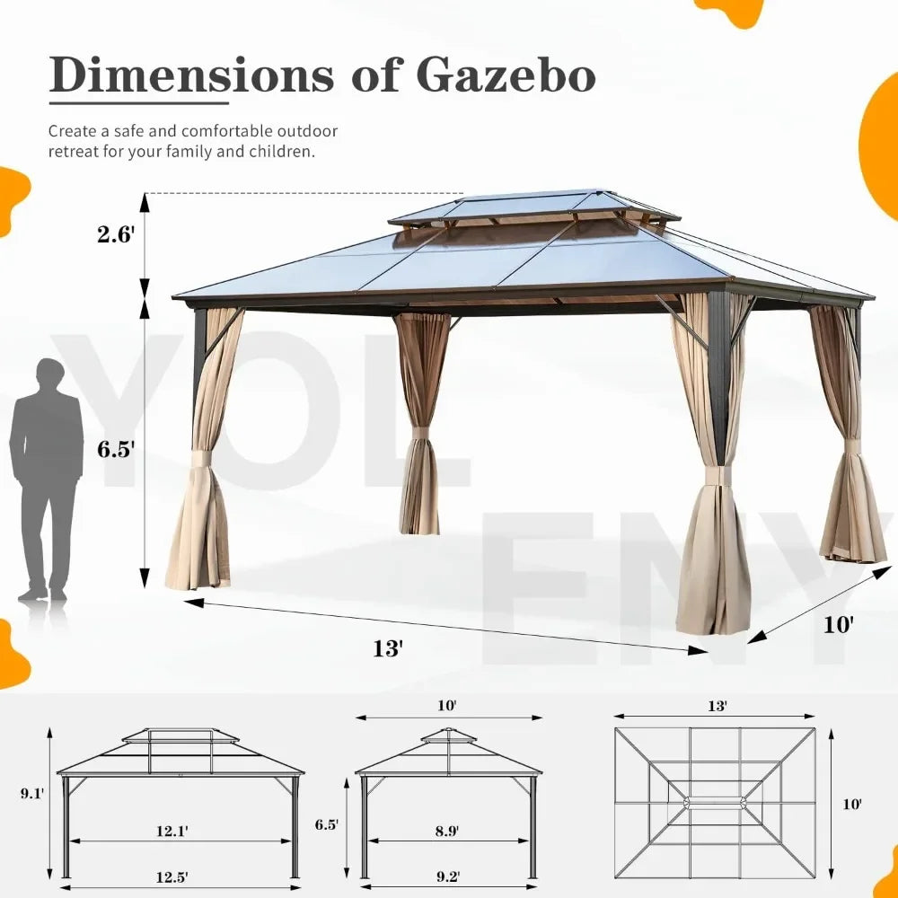 Hard Top Gazebo, Outdoor Polycarbonate Double Roof Canopy, Aluminum Frame Gazebo with Curtains & Nets, Garden Awning