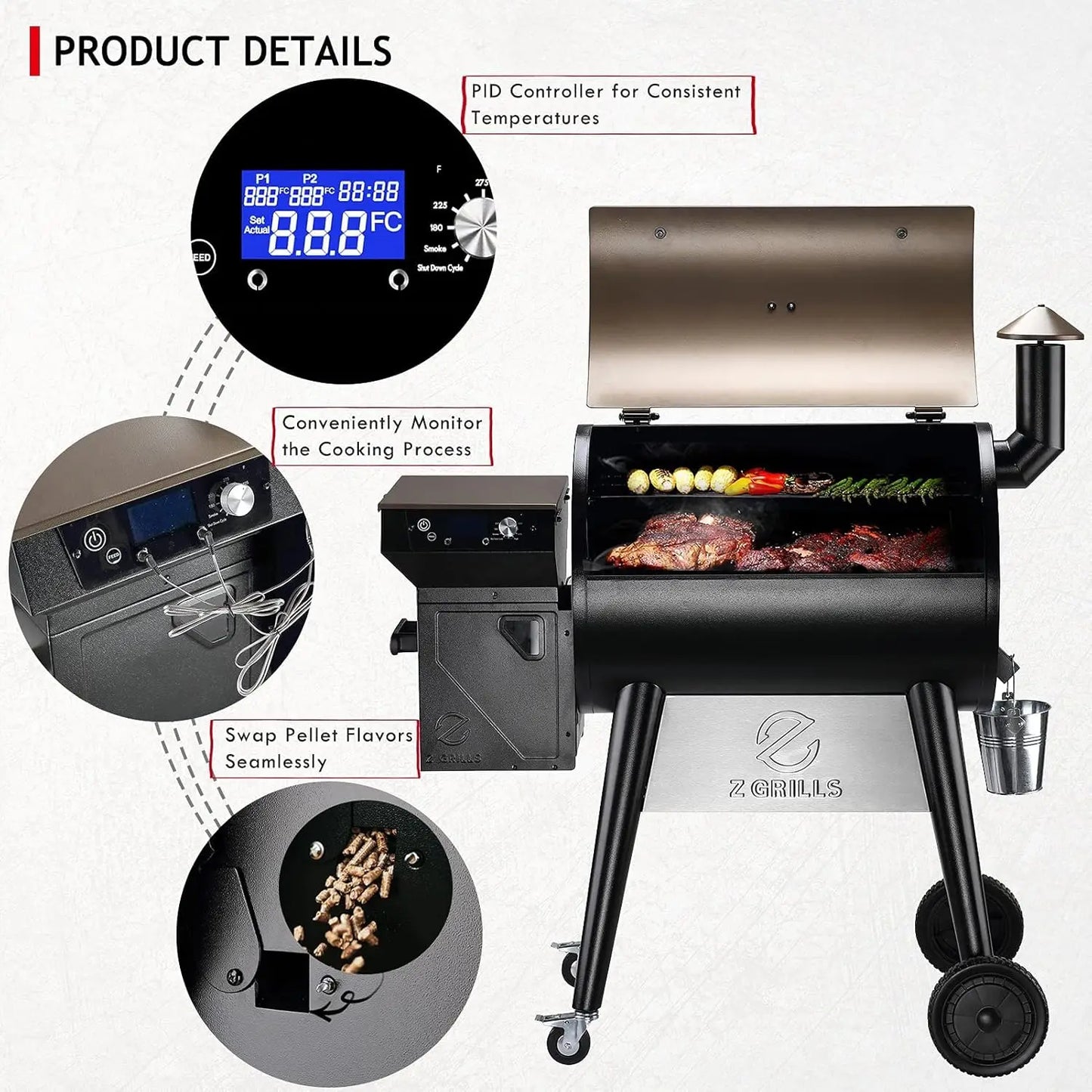 Upgrade 8 in 1 Wood Pellet Grill & Smoker for Outdoor Cooking, BBQ Grill with PID 2.0 Controller, LCD Screen, 697 sq, M