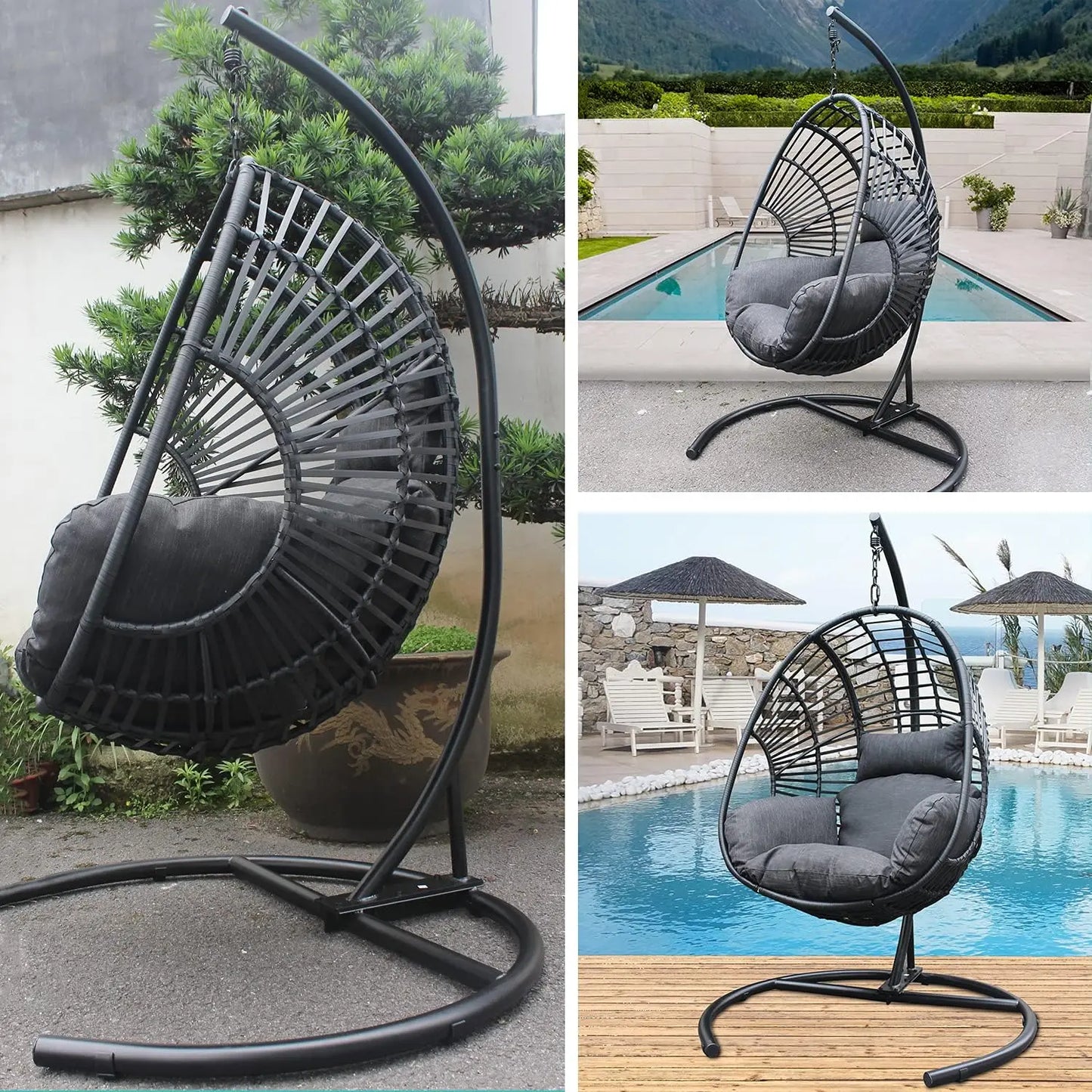 Hanging Egg Chair With Stand, Outdoor Wicker Rattan Egg Swing Chair With Stand And Cushion For Indoor Outdoor Bedroom