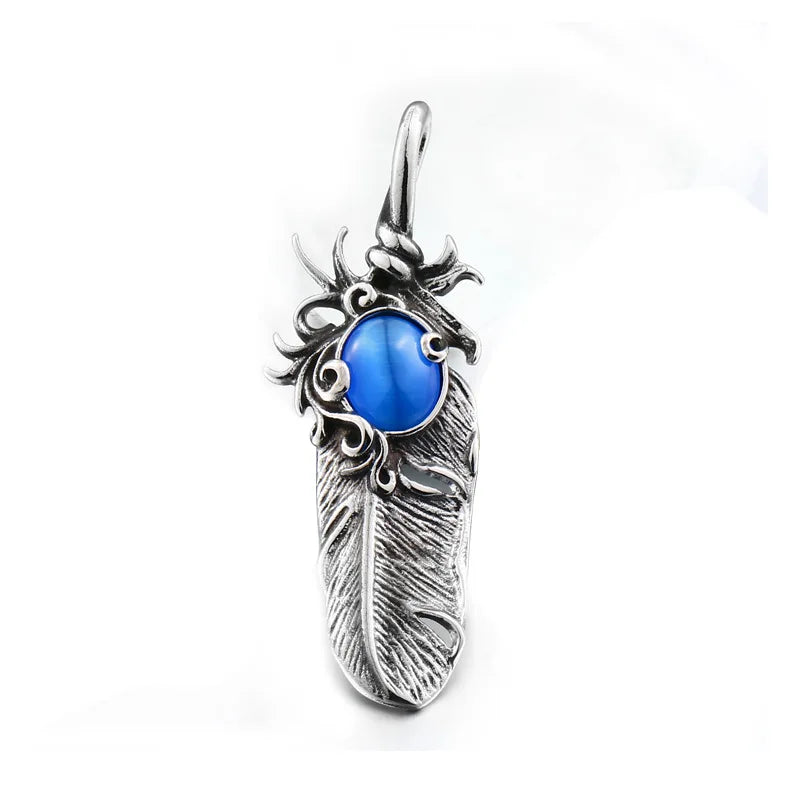 Takahashi Eagle Style Adorned with Imitation Blue Gemstone Feather Stainless Steel Pendant Men Fashion Leader Jewelry Pendant