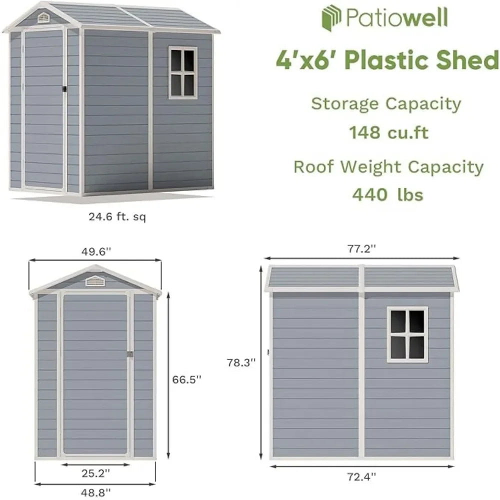 4 x 6 FT Outdoor Storage Shed, Resin Storage Shed with Floor & Lockable & Window Door for Patio Furniture, Bicycle, Grey