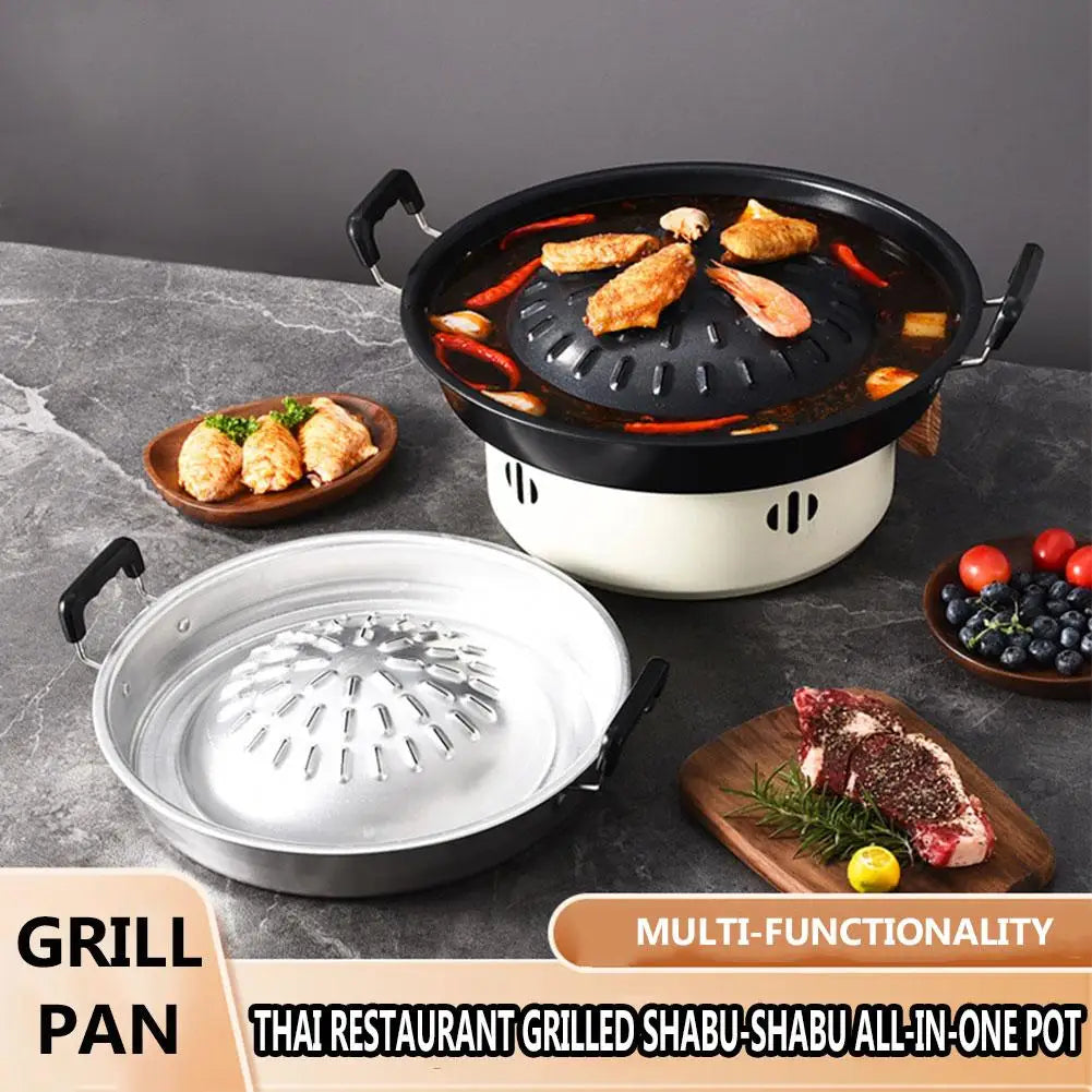 2 In1 Thai Restaurant Grill & Shabu Shab Barbecue Pan Kitchen Cookware Household Cooking Steamer Basket Tools G5s3