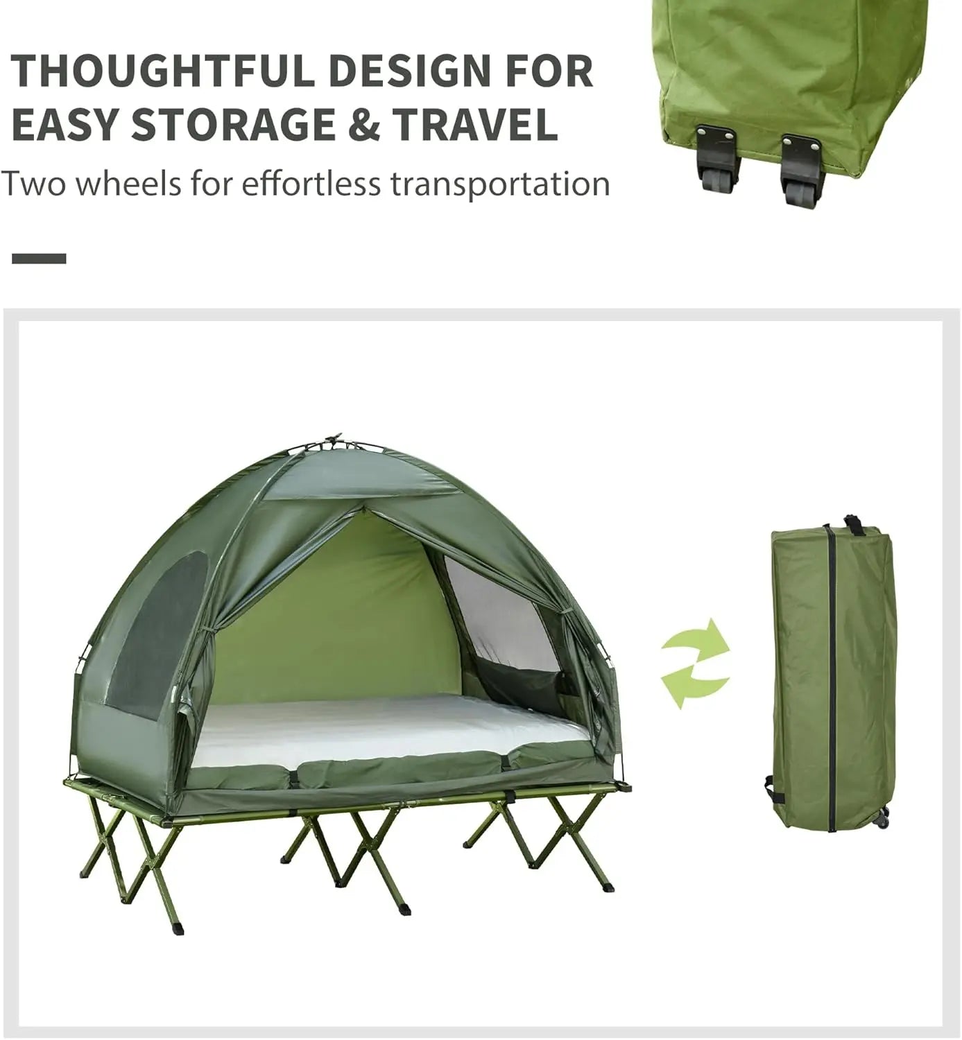 2 Person Camping Cot with Tent, Bedspread and Thick Air Mattress, 4-in-1 Elevated Camping Bed Tent for Outdoor