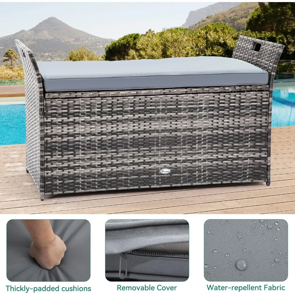 90 Gallon Outdoor Wicker Storage Bench w/Cushion, Large PE Rattan Deck Storage Box w/Handles & Hydraulics