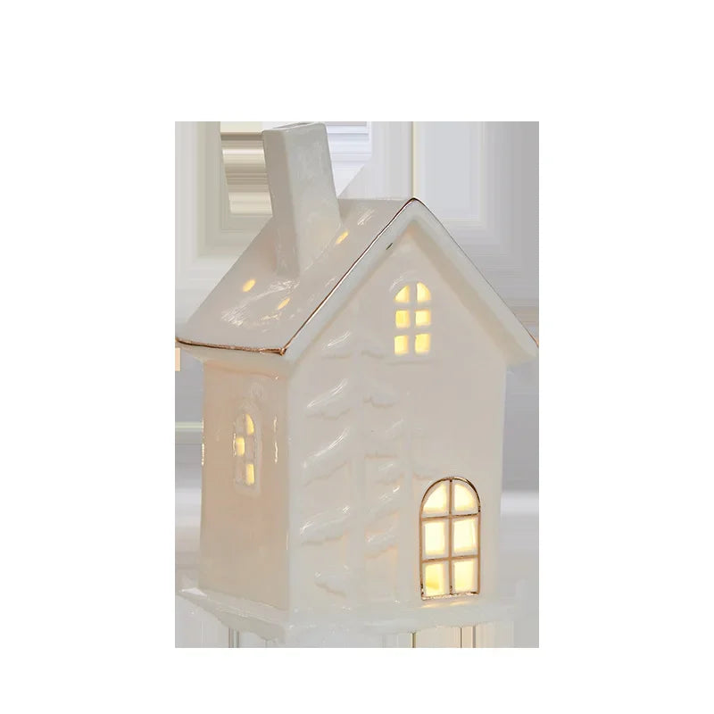 1/4Pcs Ceramic White Christmas Village Houses Light Up Small Porcelain Xmas Trees LED Lighted Tabletop House Figurines