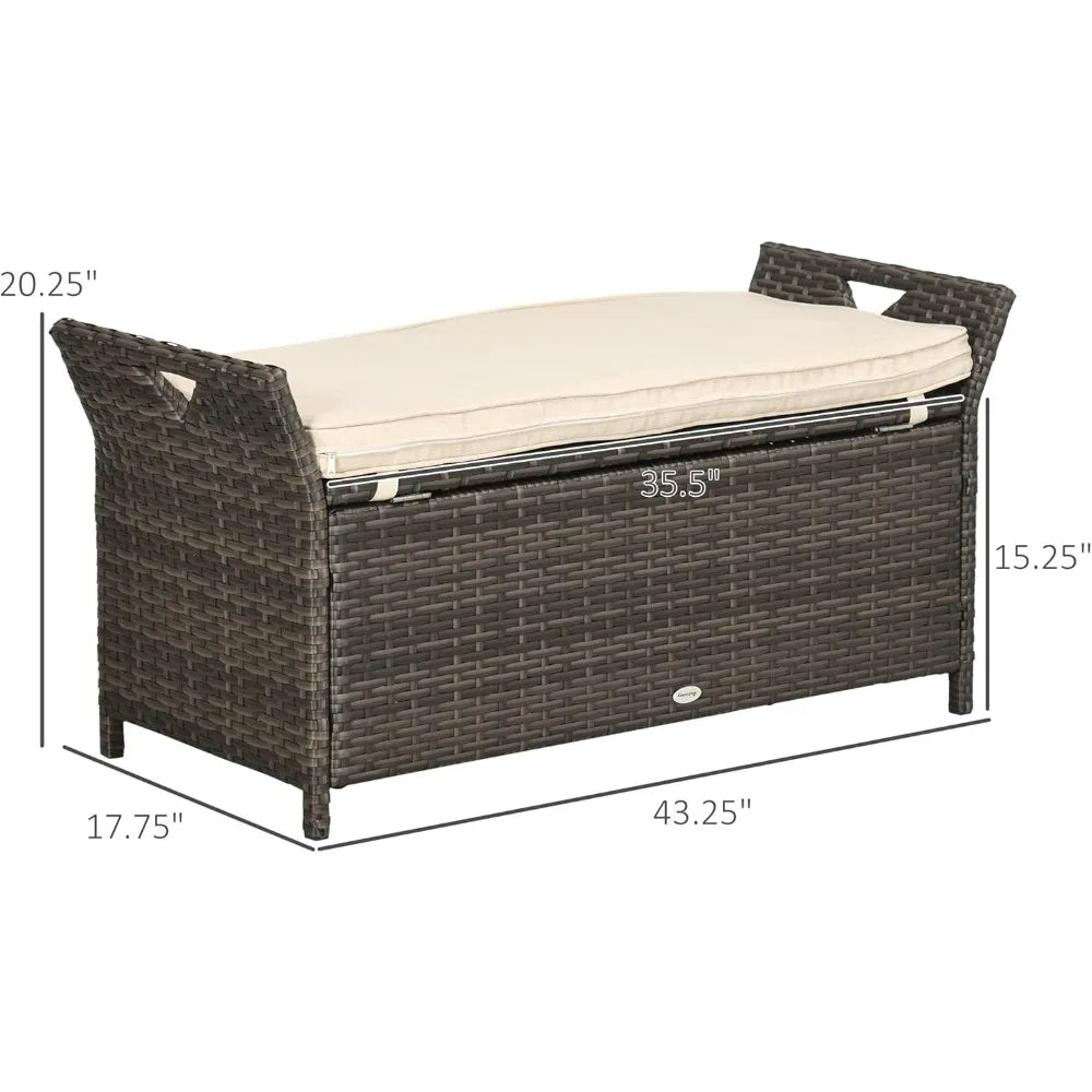 27 Gallon Patio Wicker Storage Bench, Outdoor PE Rattan Patio Furniture, 2-in-1 Large Capacity Rectangle Garden Storage Box