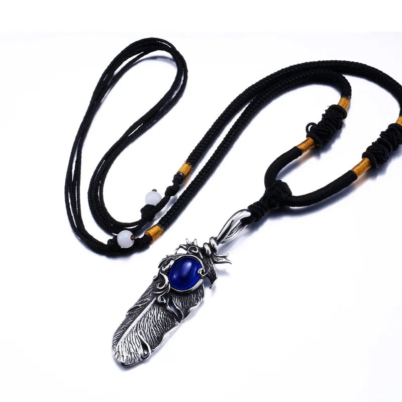 Takahashi Eagle Style Adorned with Imitation Blue Gemstone Feather Stainless Steel Pendant Men Fashion Leader Jewelry Pendant