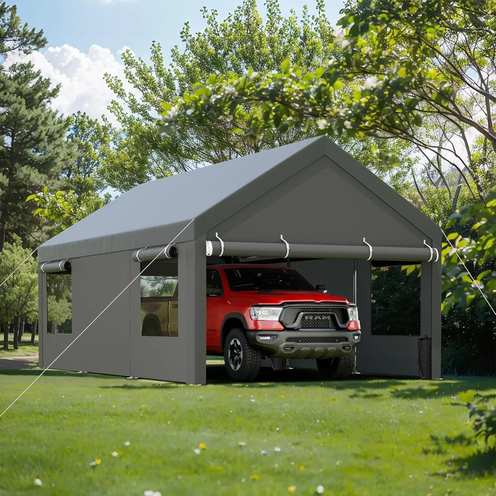 12x20 FT Carport with Removable Sidewalls & Doors,Roll-up Windows, Sandbags and All-Season Tarp for Car Boat Truck Motorcycle