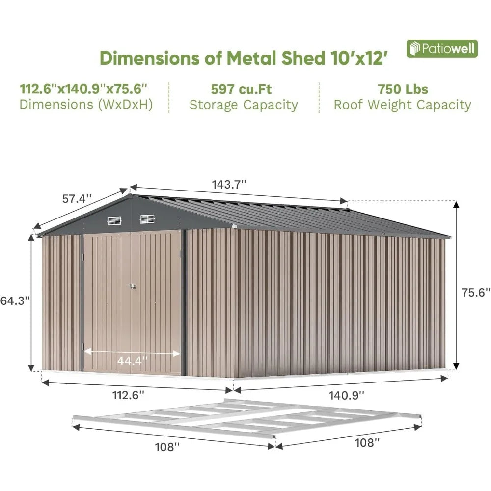 10x12 FT Metal Storage Shed for Outdoor with Floor Frame, All-Weather Garden Tool Shed with Lockable Door for Backyard and Patio