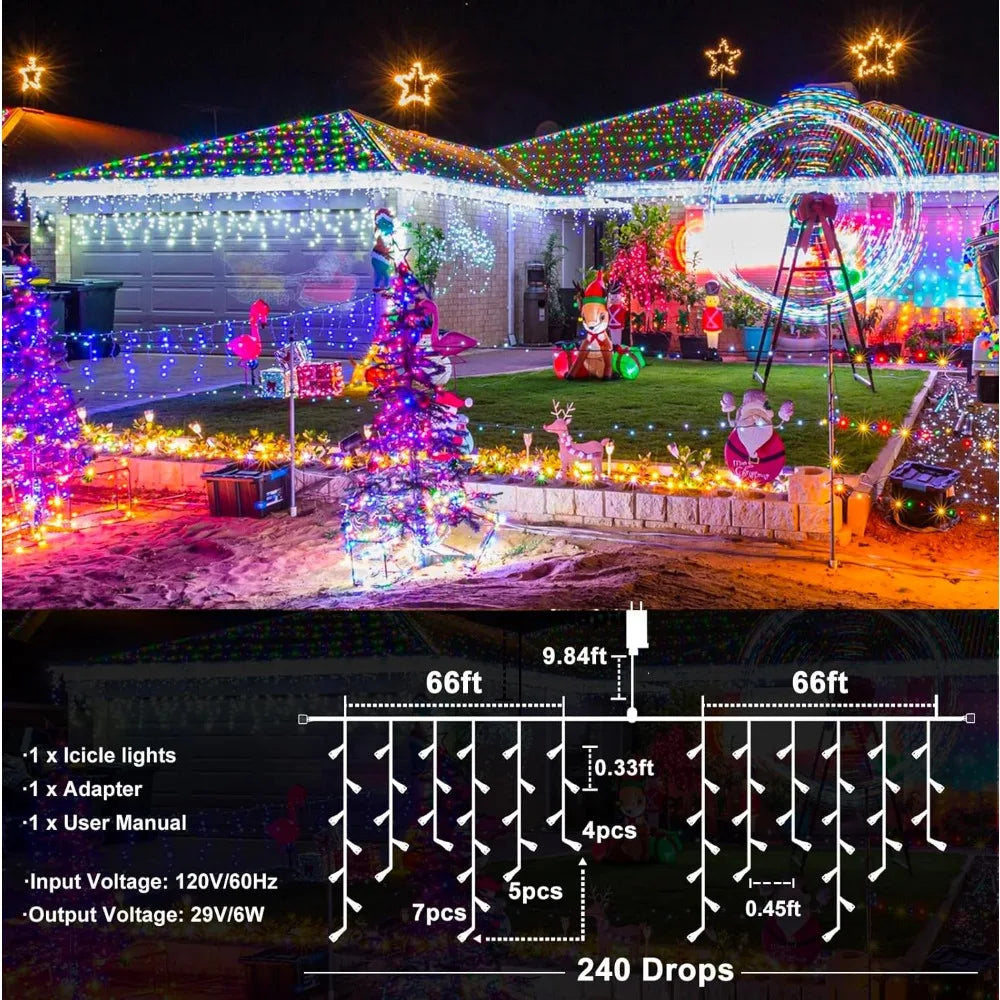 Icicle Christmas Lights Outdoor, 132ft 1280 LED Icicle Lights for Outside, Plug in Twinkle Lights Indoor with 8 Modes Timer Wate