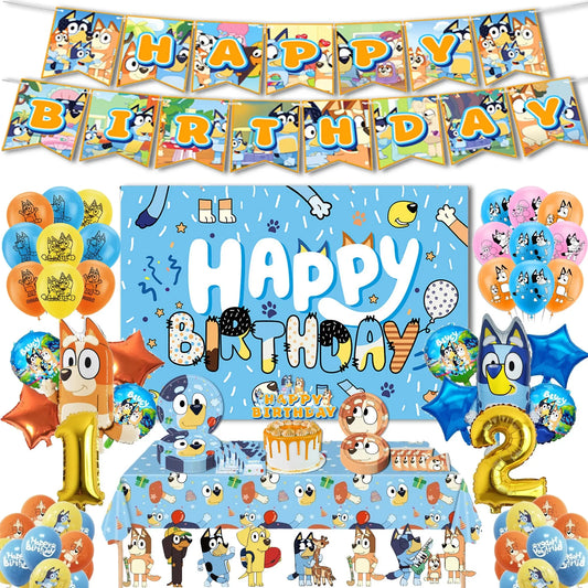 Hot Blue Family Dog Birthday Party Cutlery Plate Disposable Banner Cake Topper Hanging Flag Balloons Set Birthday Decorations