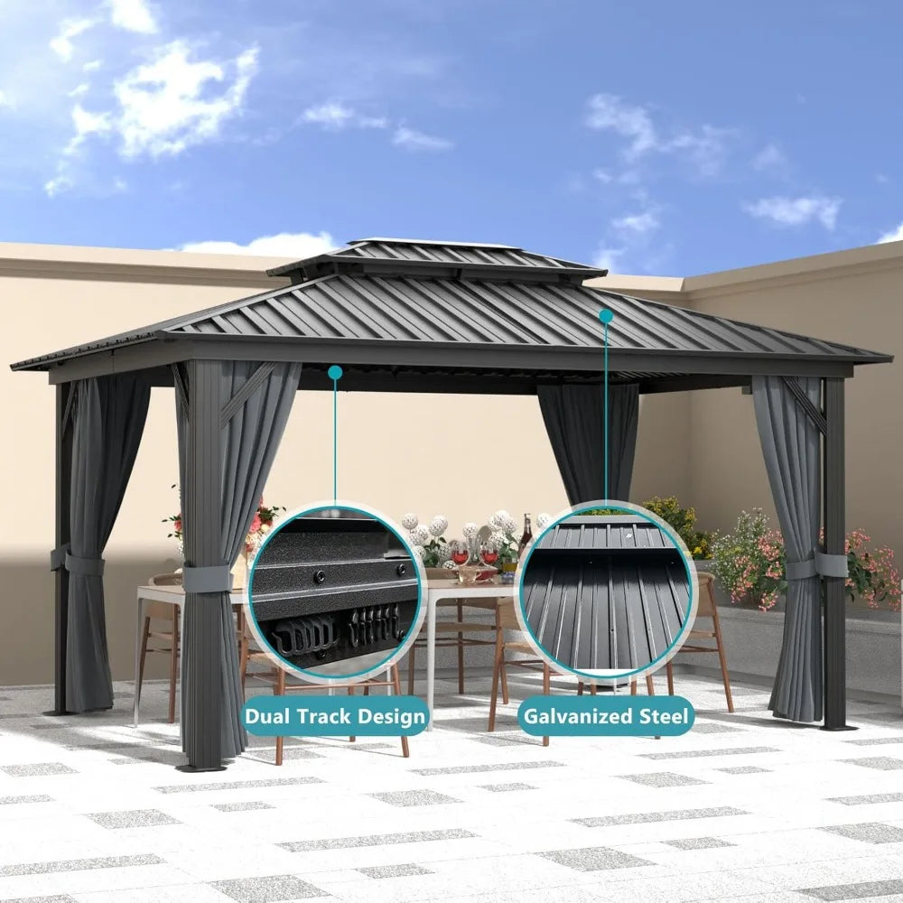 10’ X 12' Hardtop Gazebo, Galvanized Steel Double Top, Aluminum Metal Gazebo with Netting and Curtains, Permanent Pavilion