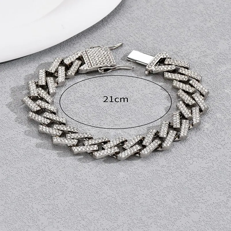 Hip Hop Miami Link Chain Gold Bracelet Clear Crystal Stone Fold Over Closure Big Chain Bracelet For Men Personlity Accessory