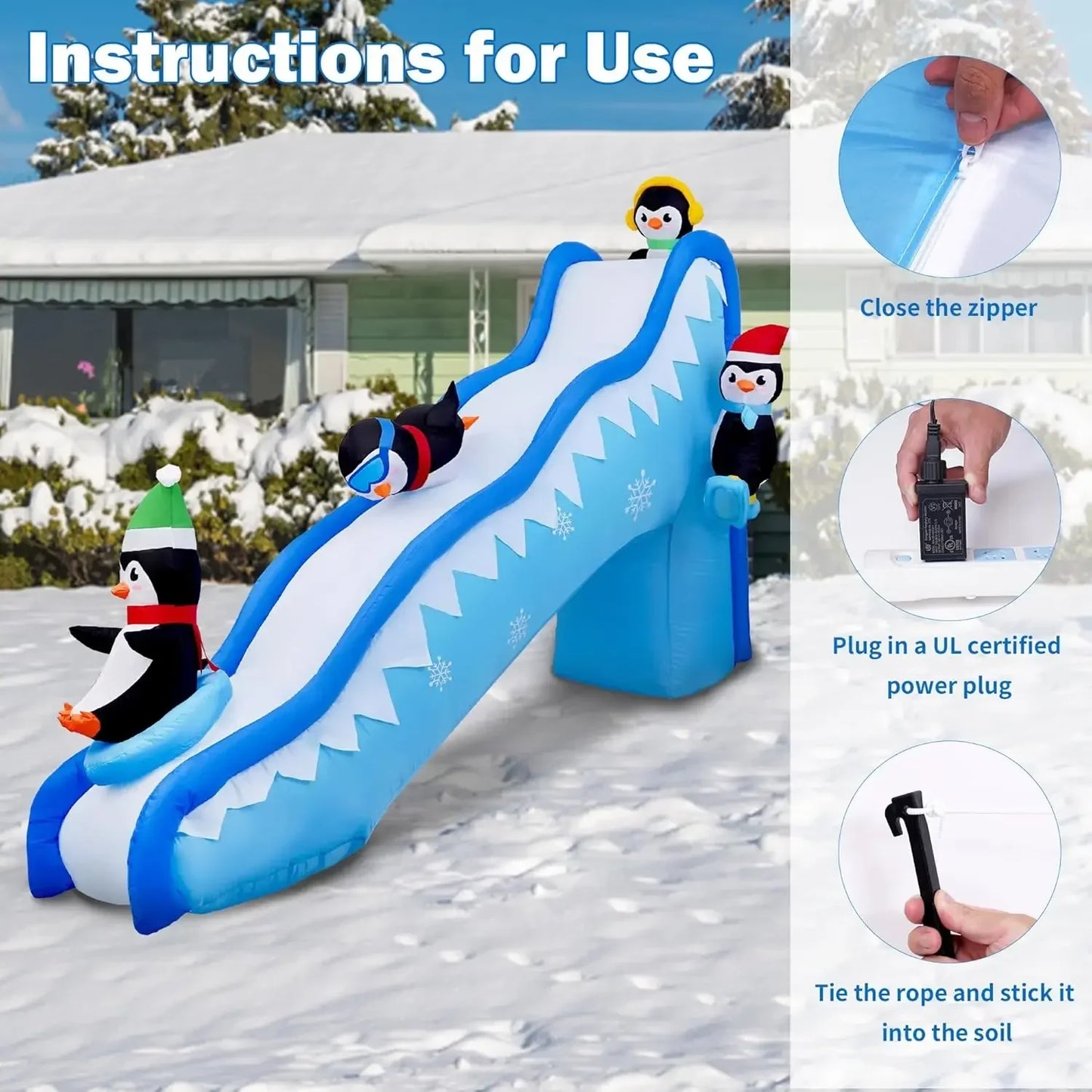 6FT Christmas Inflatables Penguin Slide Blow Up Christmas Decorations Outdoor Build-in LED Lights Penguin Inflatab