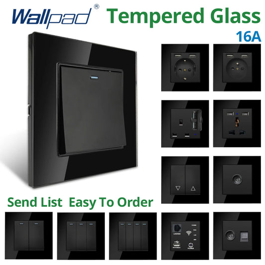 Wallpad Black Tempered Glass Panel Wall EU UK Electrical Outlets And Switches Dual USB Charge Port Socket 1/2/3/4 Gang 1 2 3 Way