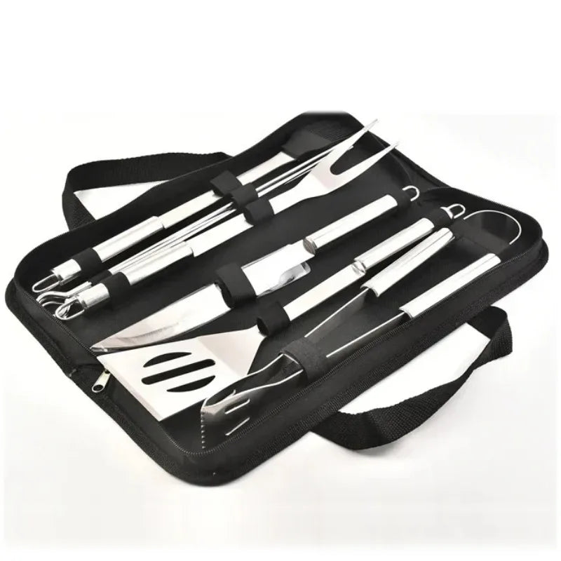 9pcs Portable BBQ Tool Kit with Cloth Storage Bag Outdoor Grill Barbecue Set Barbecue Set Spatula Clip Skewer Grilling Tools