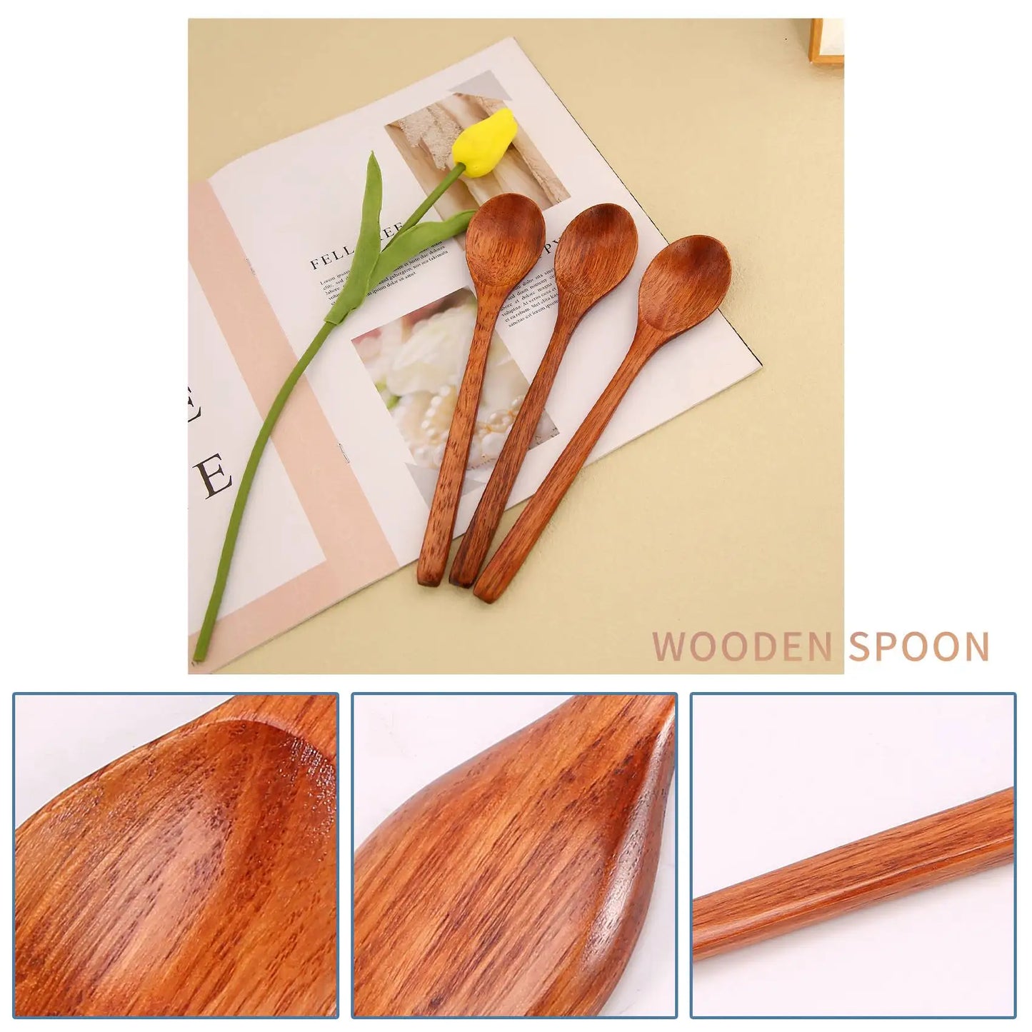 Wooden Spoons, 6 Pieces Wood Soup Spoons for Eating Mixing Stirring, Long Handle Spoon Kitchen Utensil