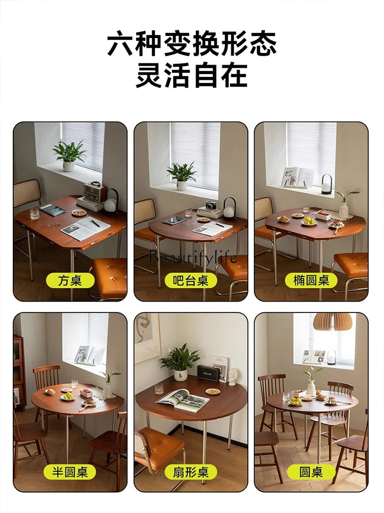 Japanese retractable folding dining table small apartment walnut log style all solid wood square table