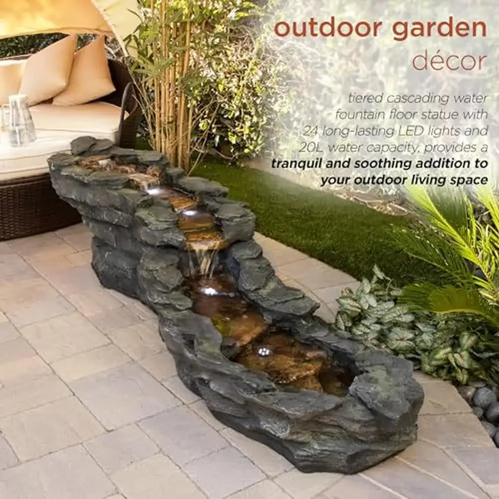 Tiered Outdoor Rocky River Stream Water Fountain with LED Lights Tranquil Garden Decor Durable Polystone Construction 76"L 20L