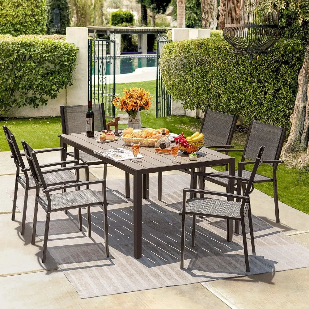 7 Pieces Patio Dining Set Outdoor Furniture with 6 Stackable Textilene Chairs and Large Table for Yard, Garden