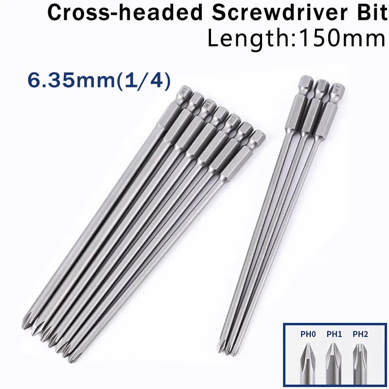 10Pcs Cross Screwdriver Bit 1/4'' Hex Shank Phillips Head Wind Drill 150mm Wrench Magnetic Socket Tool PH1 PH2 4.0 4.5 5.0 6.0