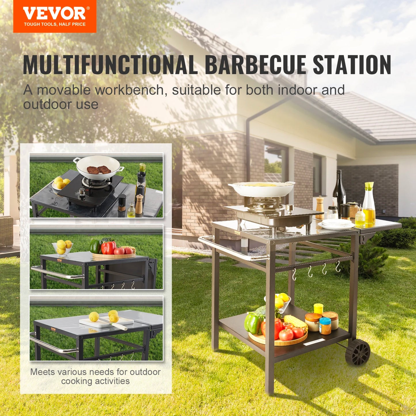 VEVOR Outdoor Grill Dining Cart w/Double-Shelf, BBQ Movable Food Prep Table, Multifunctional Foldable Iron Table Top, Worktable