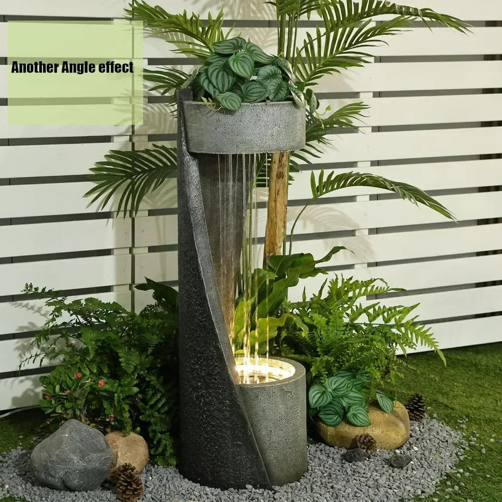 Indoor Floor Standing Outdoor Fountain with Lights 35 inch Rainfall Modern Outdoor Water Fountains Plant Holder Patios