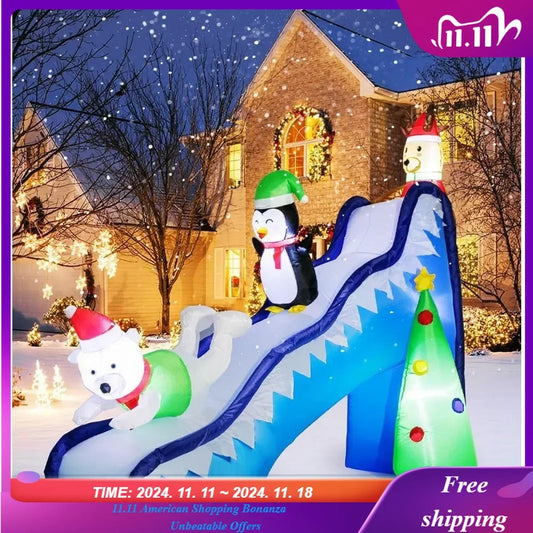 9 FT Christmas Inflatables Outdoor Decorations, Funny Slide Scene Inflatable with Reindeer Penguin Polar Bear Built-in LED Light